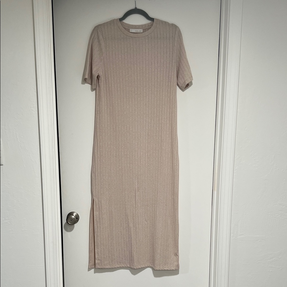Ribbed Short-Sleeve Midi Dress in Beige